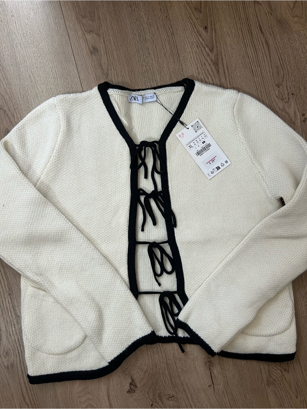 ZARA Cream Knit Cardigan with Black Trim and Tie Closures